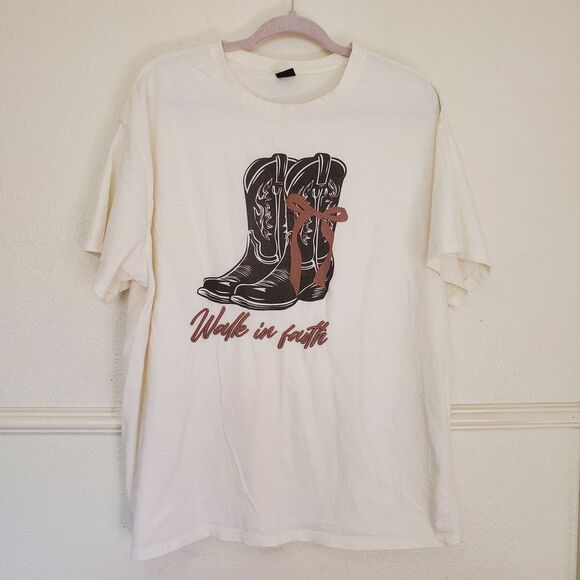 VibeN' T-shirt Western Boots Embroidered Walk In Faith Sz XL Cotton Cream Color - Picture 1 of 7